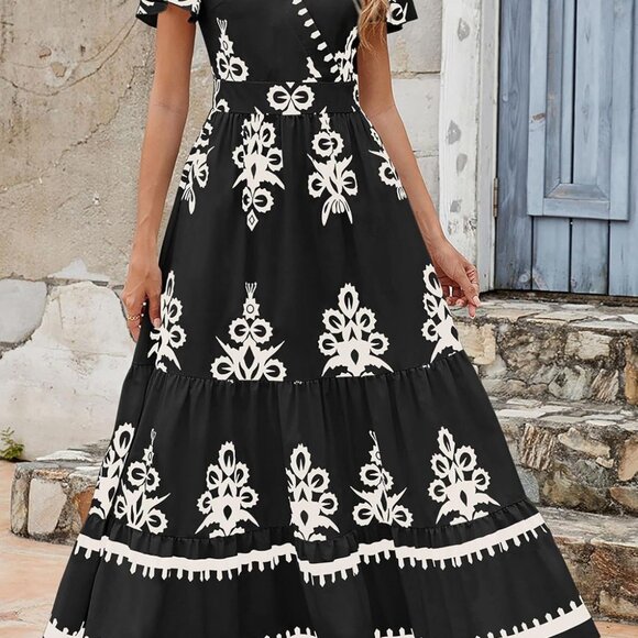 Women's Summer Boho Maxi Dress V-Neck Floral Flowy A-Line Pockets - Picture 7 of 9